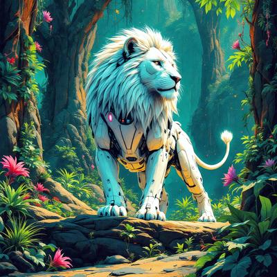 Lion: The primary subject of the image is a lion, which is standing in a forest with a mix of green and blue colors.

Setting/background: The lion is standing on a rock in the middle of a forest, surrounded by trees and plants.

Visual style: The image is a digital art illustration, featuring a lion with a futuristic appearance.

Colors and mood: The image has a vibrant and lively atmosphere, with the lion's white and blue colors